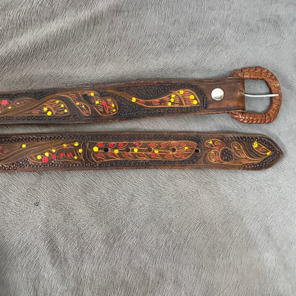Western Style Handcrafted Handtooled Leather Belt Unisex Braided Buckle 35" Long